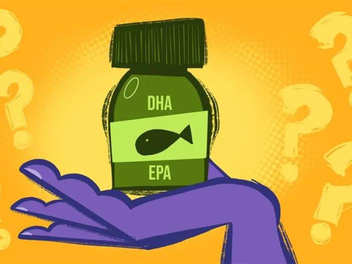 yellow background green bottle with purple hand says DHA and question marks