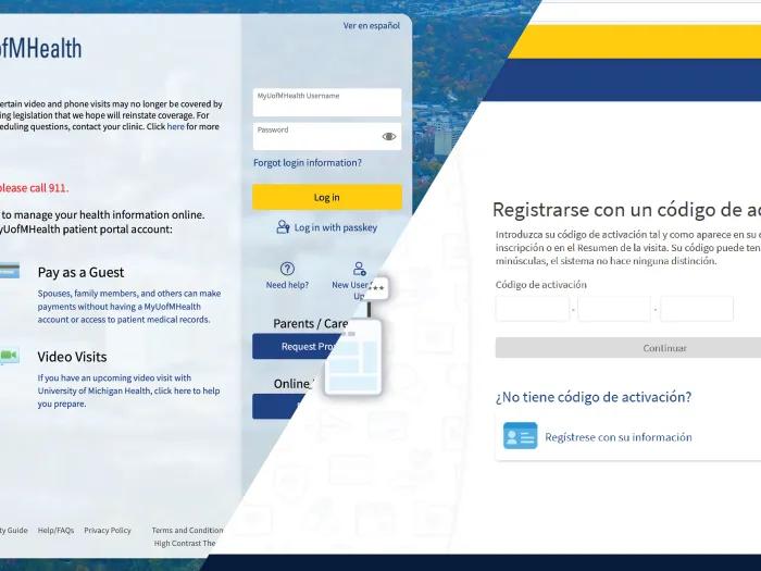 half and half screen shot of login for mychart one in english and one in spanish