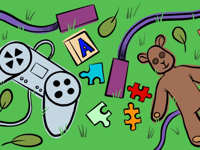 drawing of green background with toys scattered on it various colors