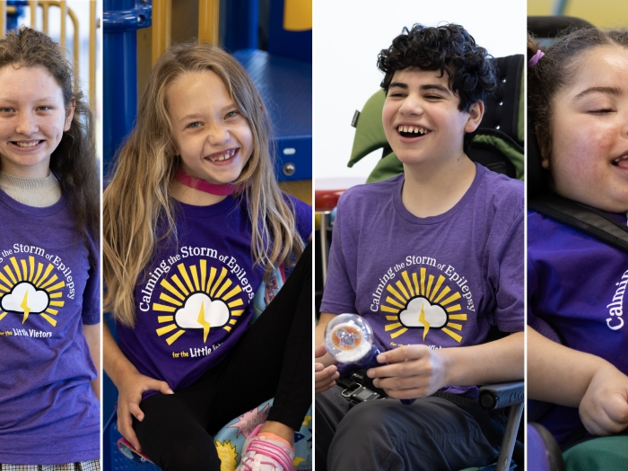 side by side photos of kids smiling in purple shirts