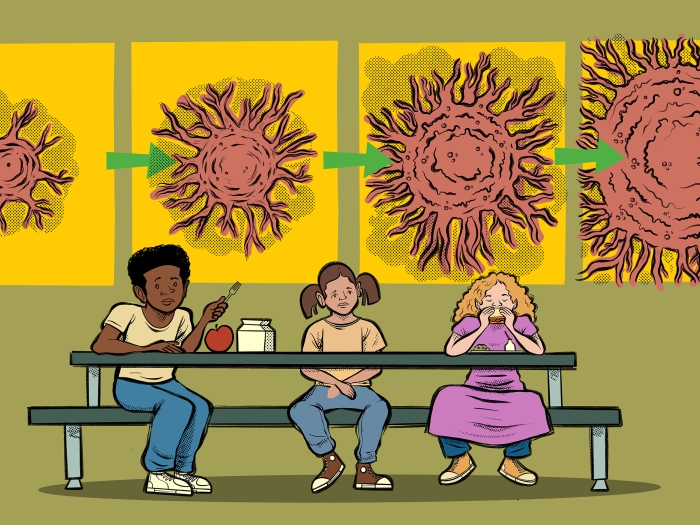 cells floating above brown green background kids underneath