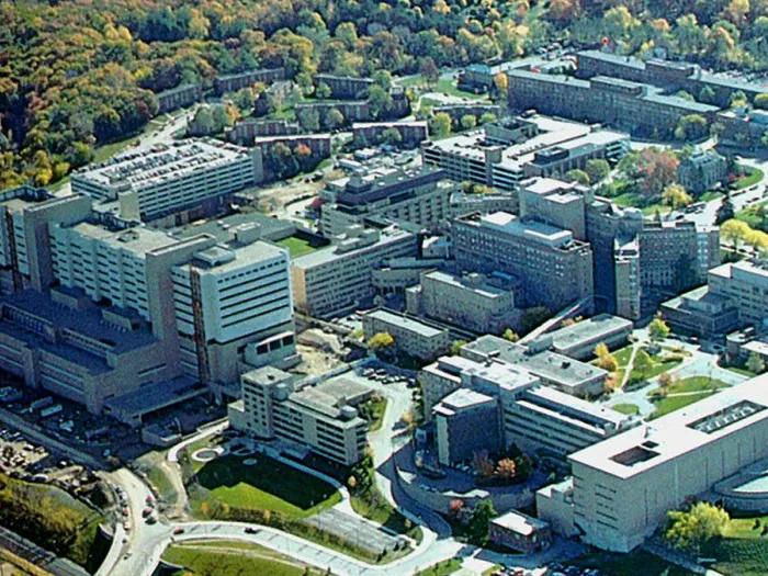 Aerial of medical campus 1985 with old and new University Hospitals