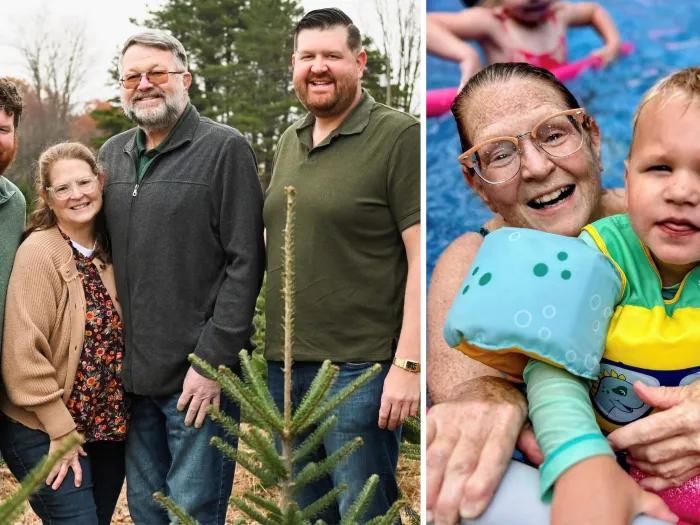 3 men standing with one woman in family photo on left in green and outside and on right woman happy up close swimming with child in hand with swimmies on 