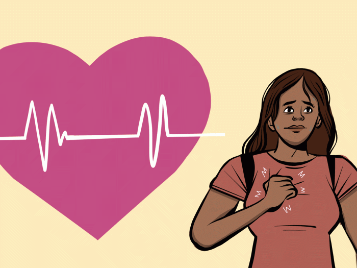 heart beating large with lines through and woman next to it holding chest