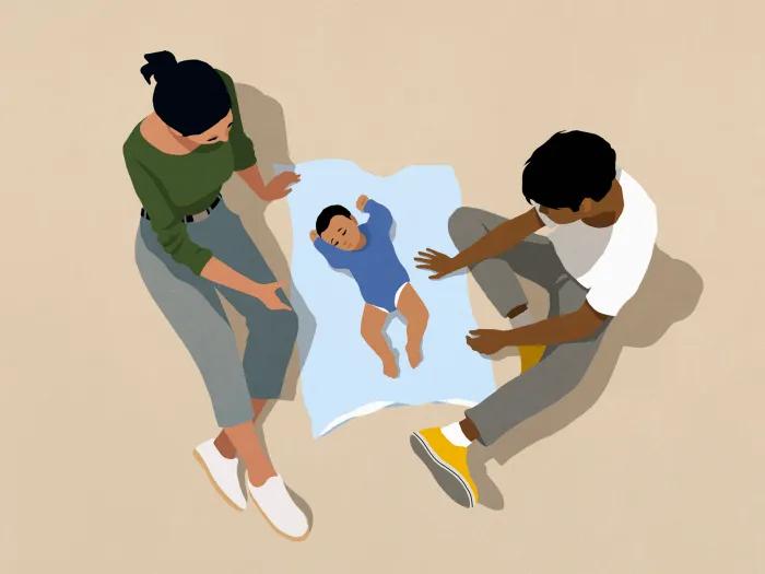 drawing of couple with baby on blanket in between them on ground