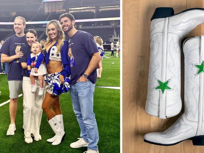 dallas cheerleader with parents and baby and boots on right in white with green star