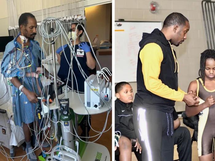 On the left is a man in a hospital room, wearing a gown and connected to many wires and machines. On the right, a man in a black and yellow sweatshirt speaks to a young boy who is in a wrestling uniform