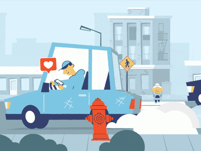 drawing of blue car moving on street left and right while being on phone like symbols floating