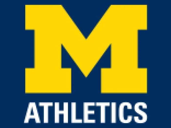 University of Michigan Athletics logo: Maize block M on dark blue background with word Athletics below block M