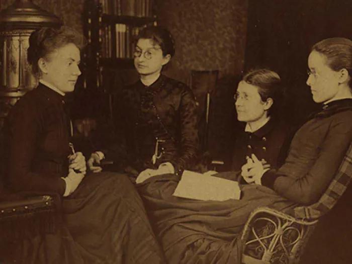 Four 1880s female graduates of the U-M Medical School -  Dr. Bertha Van Hoosen ('88), Dr. Josephine Dorr Blake ('87), Dr. Elizabeth Farrand ('87), Dr. Esther Clara Herrick Brooks ('86)