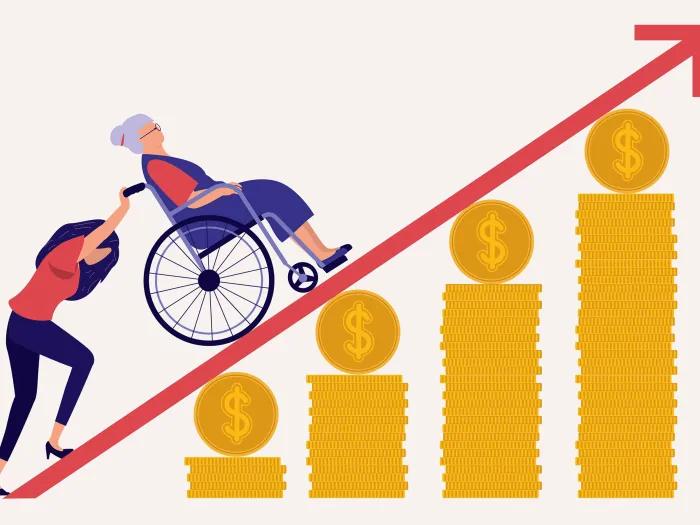 pushing wheelchair up a red arrow ontop of gold coins 