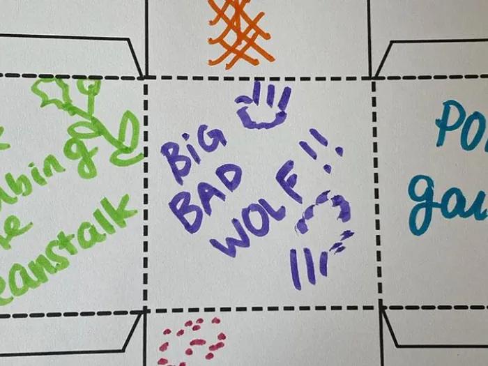 Jack climbing the bean stalk, big bad wolf, pony gallop written if different colors on white board