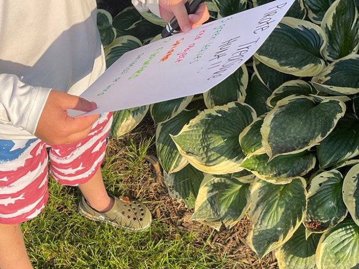 Child looking a paper by plant