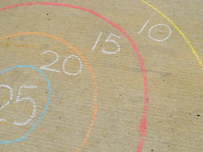 Circles on the sidewalk, with another circle outside that circle, and another, and another. Numbers added to each circle