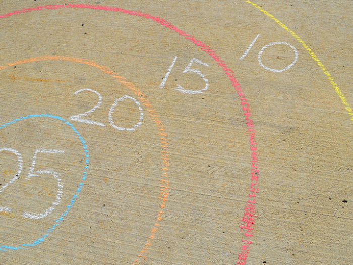 Circles on the sidewalk, with another circle outside that circle, and another, and another. Numbers added to each circle