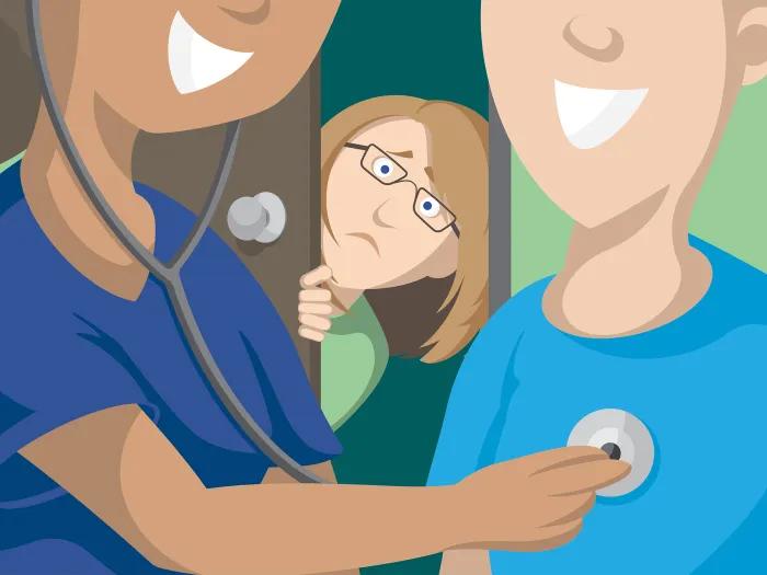 close up on doctor with teen and mom outside door looking in worried green walls