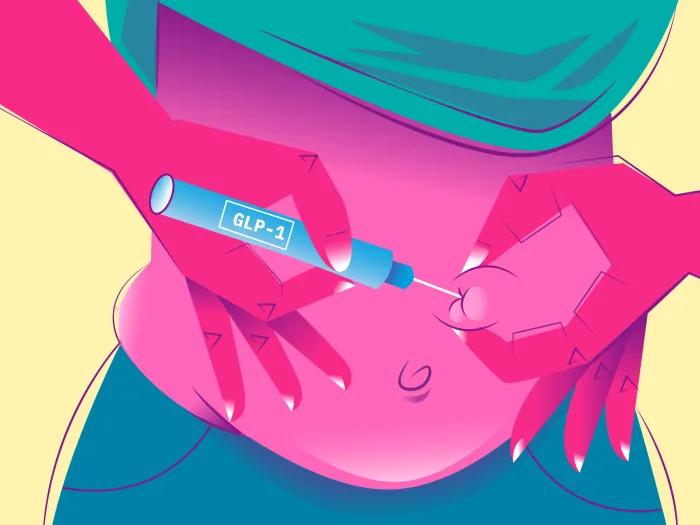 close up of shot injection in stomach pink skin teal shirt and pants yellow background 