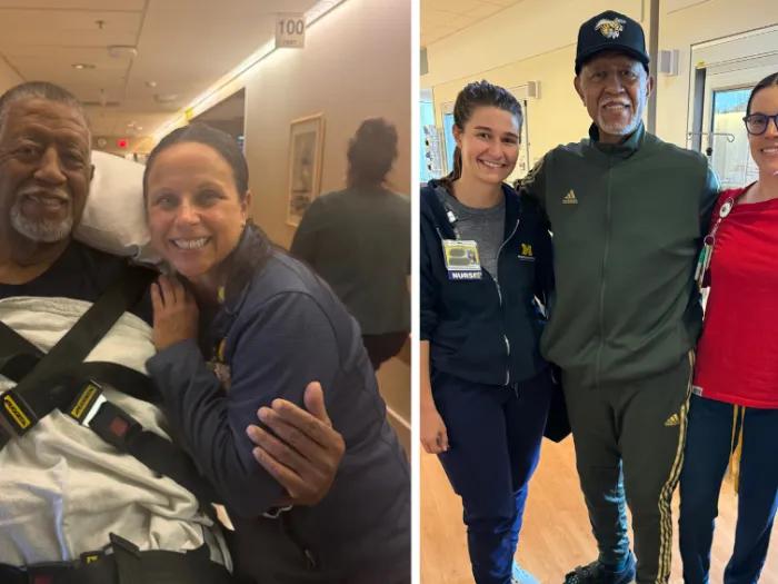 On the left, a man in a stretcher poses with a clinical staff member. On the right, a man smiles while standing with three members of his clinical team.