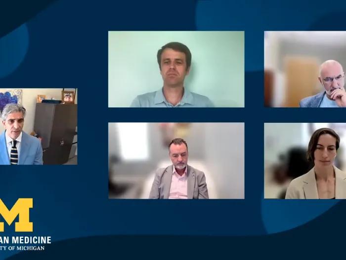 A panel of five experts with a blue background and a Michigan medicine logo