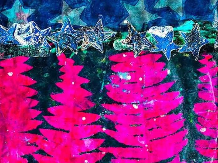 Stylized painting of white stars on blue background with fusia ferns underneath