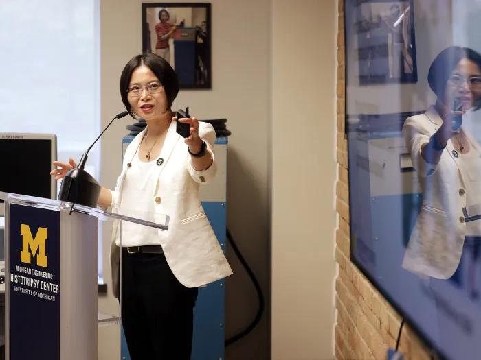 Zhen Xu, the Li Ka Shing Professor of Biomedical Engineering, a professor of radiology and neurosurgery, and a co-inventor of histotripsy, speaks at the ribbon cutting for the U-M Histotripsy Center. 