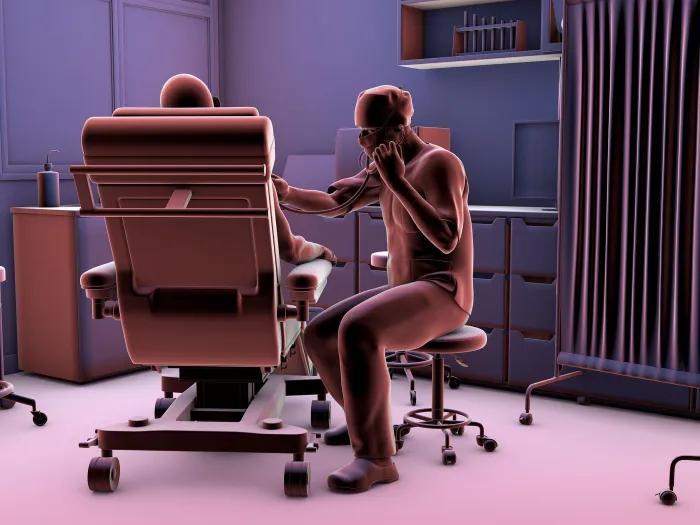 Purple shaded illustration of doctor listening to heart of patient on a bed