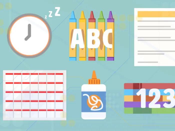 Light blue background with pencil, clock, calendar, ABC crayons, markers, paper, and glue