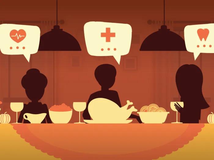 A family discussing their family's medical history at Thanksgiving