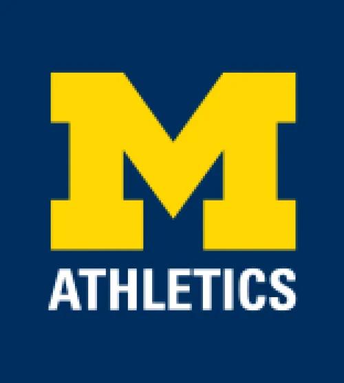 University of Michigan Athletics logo: Maize block M on dark blue background with word Athletics below block M