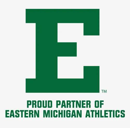 Green letter E on white background with text reading, "Proud Partner of Eastern Michigan Athletics"