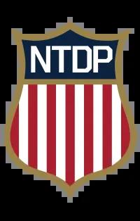 Shield logo with red and white stripes at the bottom and blue at the top overlayed with the letters NTDP