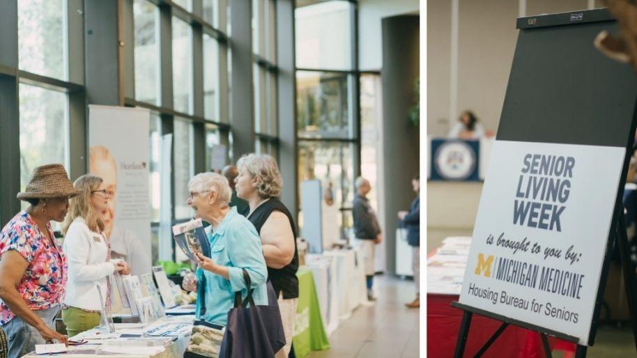 Two images side by side; left image shows 2 gray-haired women talking to 2 women behind a table; the one on the right shows an easel with a sign that reads, "Senior Living Week is brought to you by Michigan Medicine Housing Bureau for Seniors" 