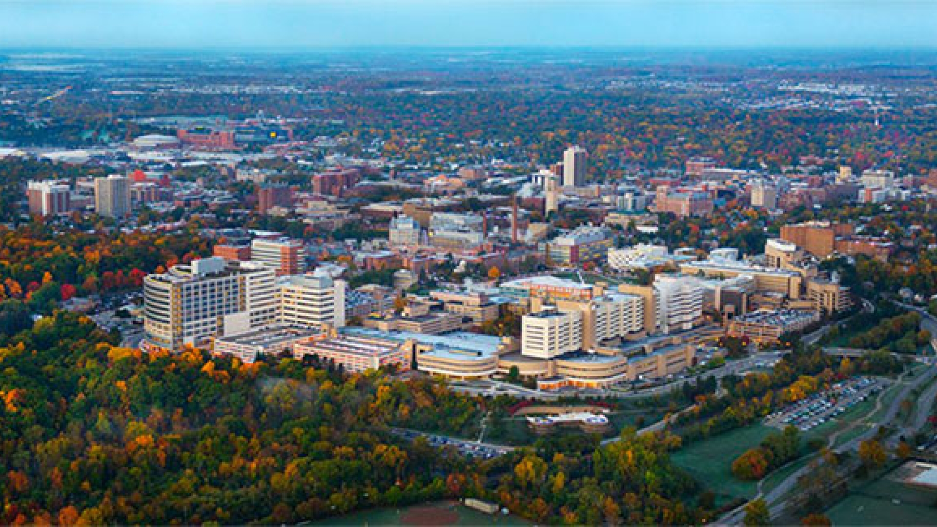 Aerial image of the Michigan Medicine campus with Ann Arbor in background