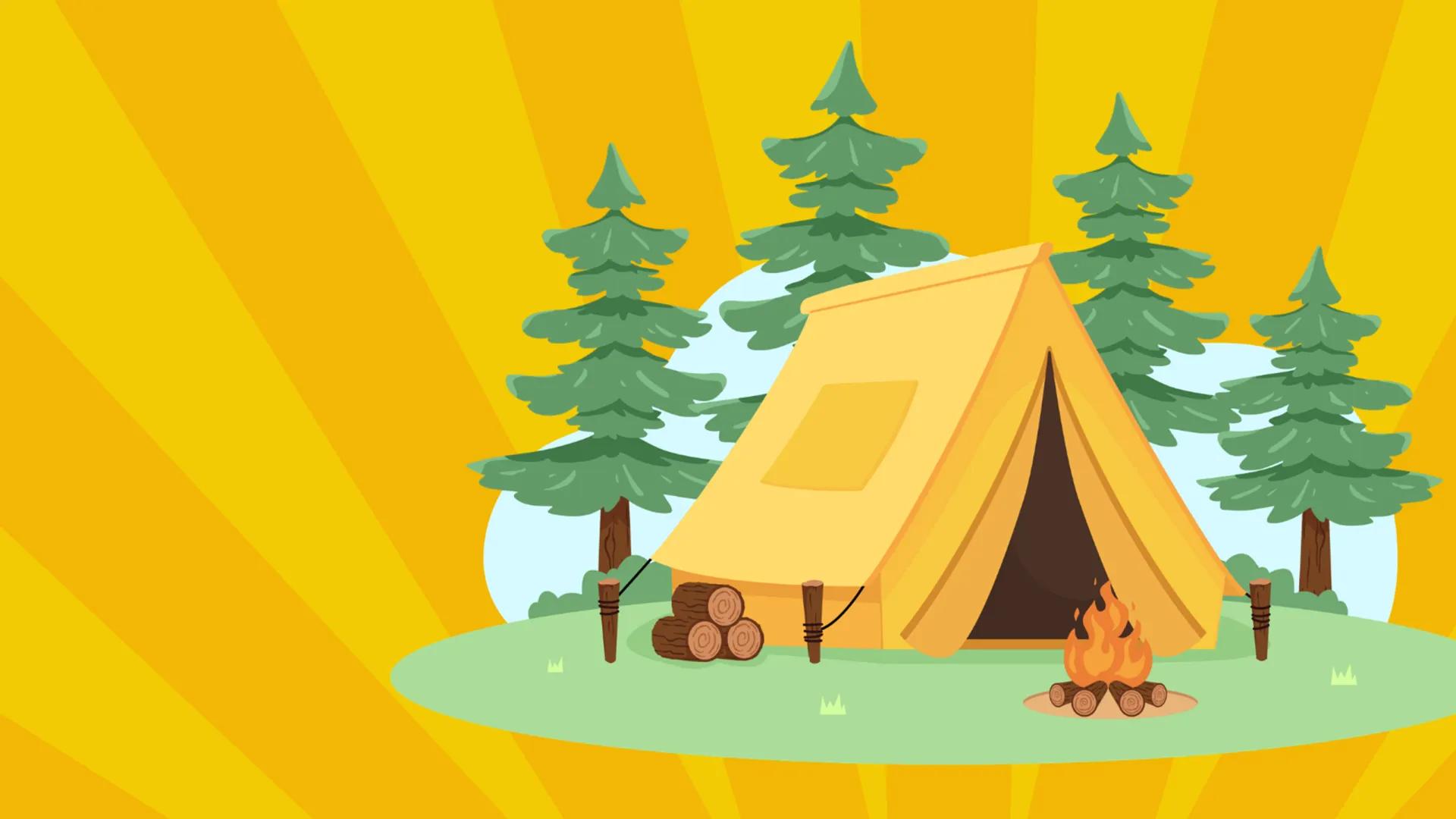 Graphic of a tent and campfire surround by trees