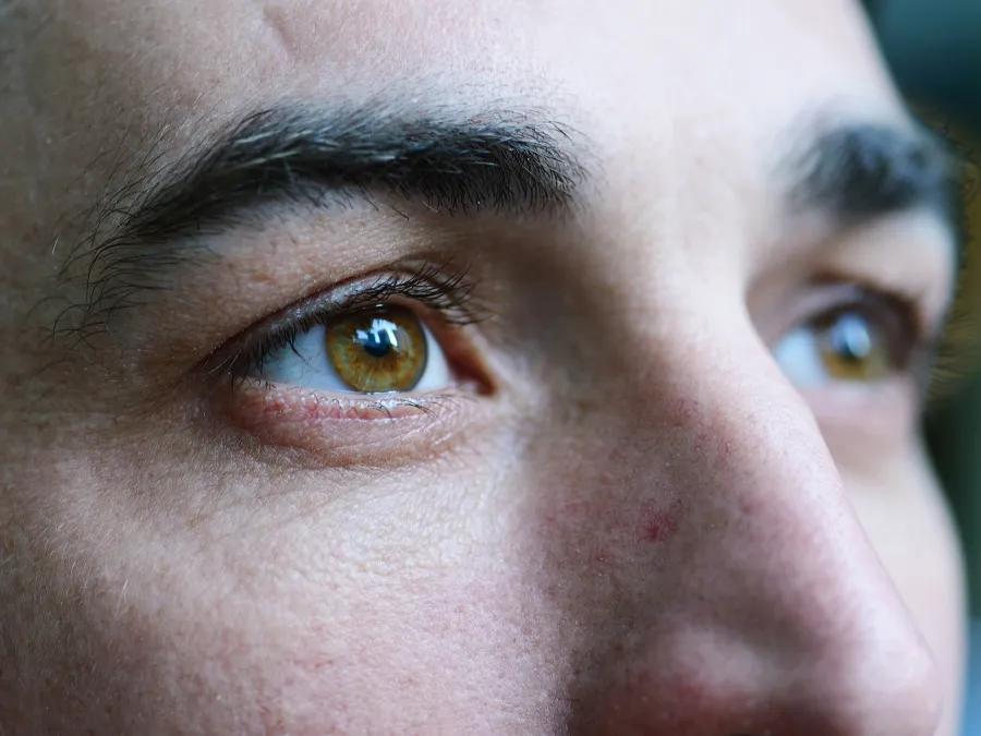 Focus on brown eyes with dark eyebrows.