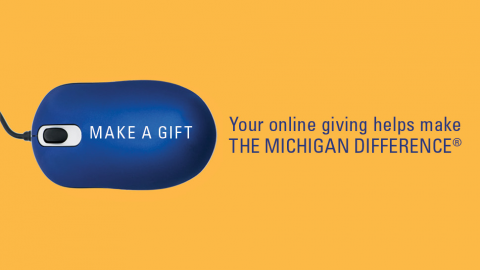 Blue computer mouse with text, "Make a Gift," followed by "Your online giving helps make The Michigan Difference"