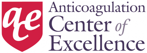 Red shield with lowercase a, c, and e and text Anticoagulation Center of Excellence