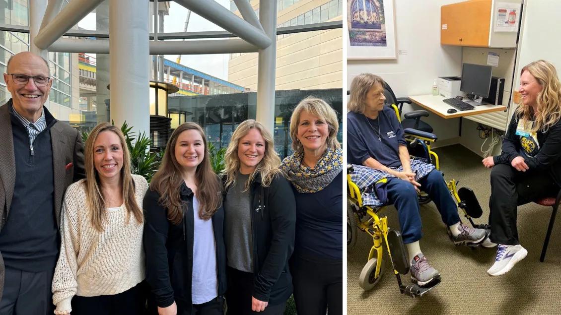 patient family and child life team member smiling and then a photo next to that one with the same worker helping someone in a wheelchair in a patient office