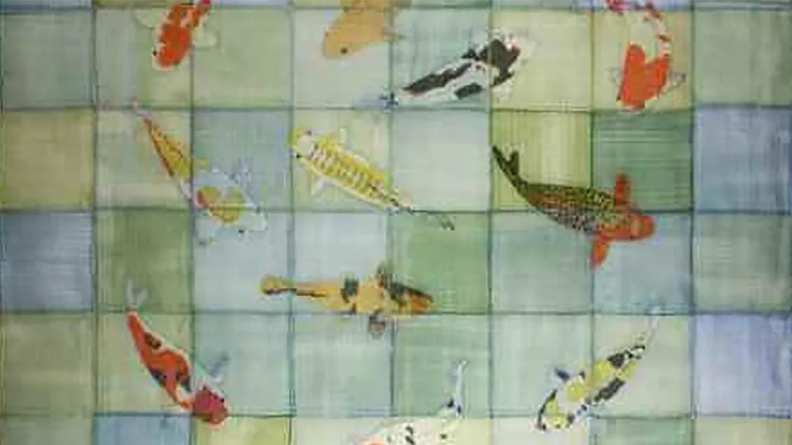 Koi Gathering of shibori dyed silk, organza, beads, embroidery floss