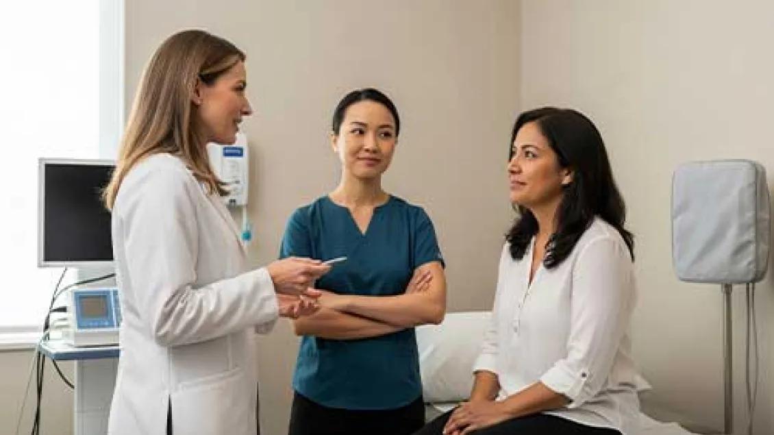 A patient and her chaperone talk with a doctor
