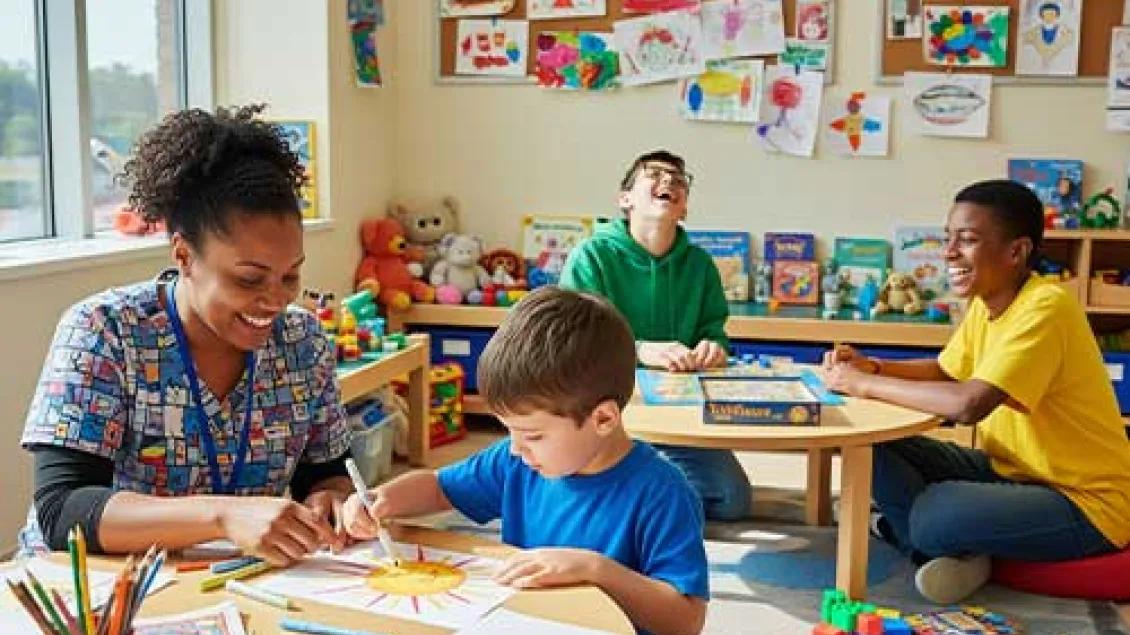 A woman plays at a small table with a boy while two boys play in the background at another small table.