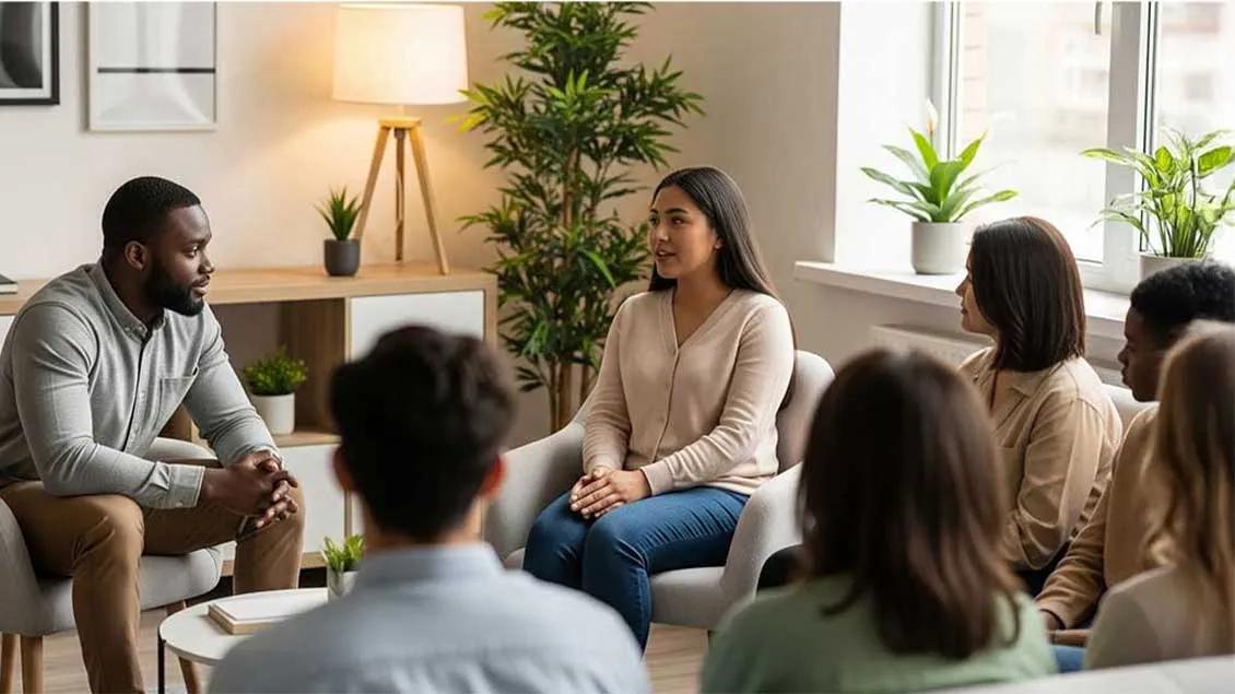 A group of adults are engaged in a therapy session in a modern, well-lit room.