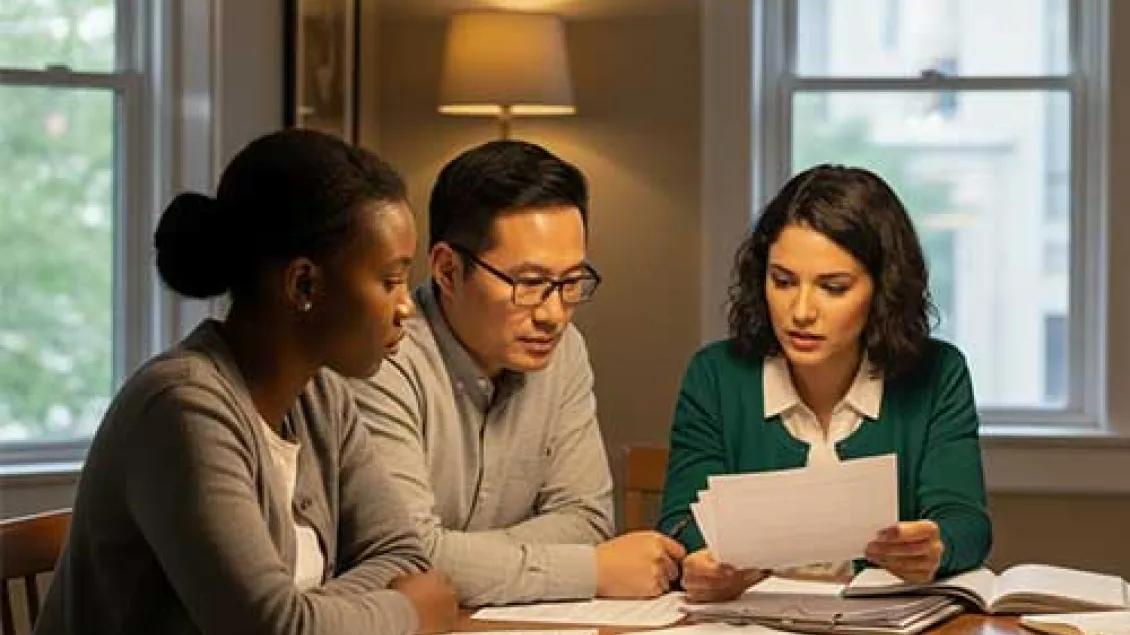 Two women and a man sit at a table looking through paperwork and having a conversation.