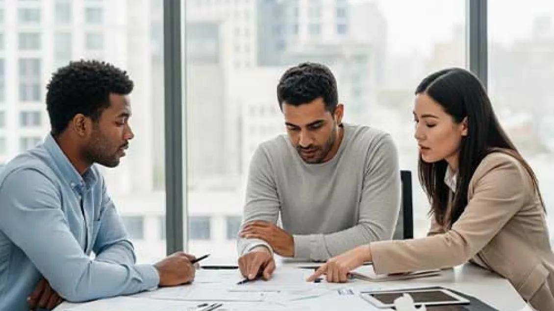 Two men and a woman sit at a table discussing financial matters.