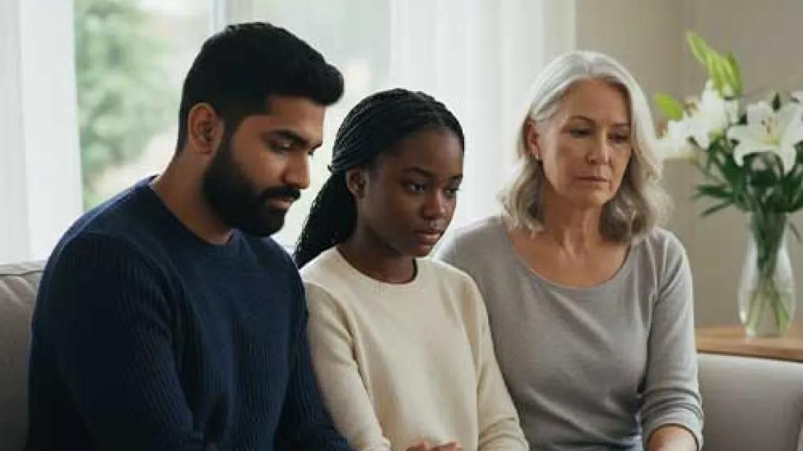 Three people sadly sit on a couch.