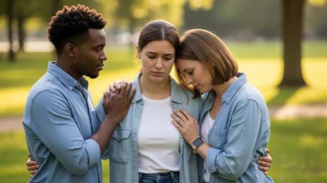 Two young women and a young man console each other. 