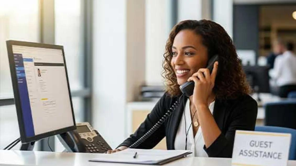 A woman sits at a desk and talks on a phone.