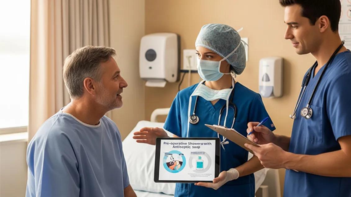 Two doctors discuss infection prevention with a patient