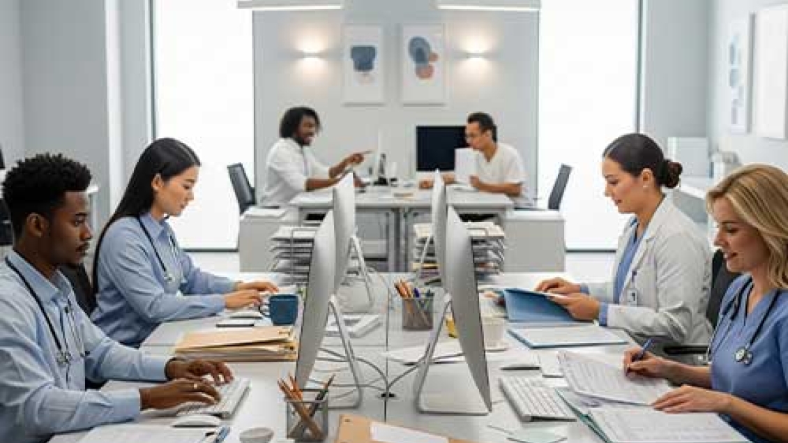 A group of healthcare professionals working diligently at their desks with file folders and computers, conveying the secure handling of medical records.