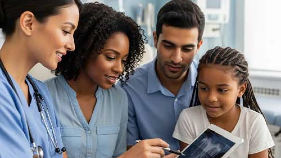 Parents and a physician review a child's test results.